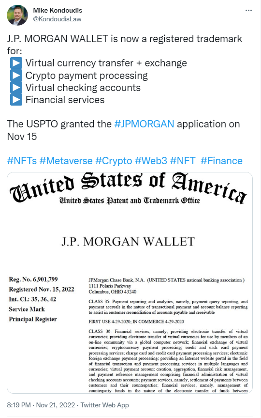 摩根大通加M钱包已在美国成为注册商标