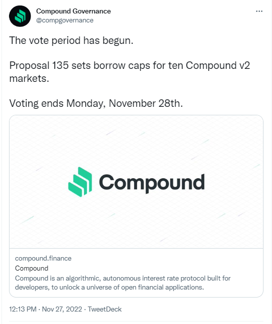 Compound关于为10个Compound v2资产调整借贷上限的提案开启投票