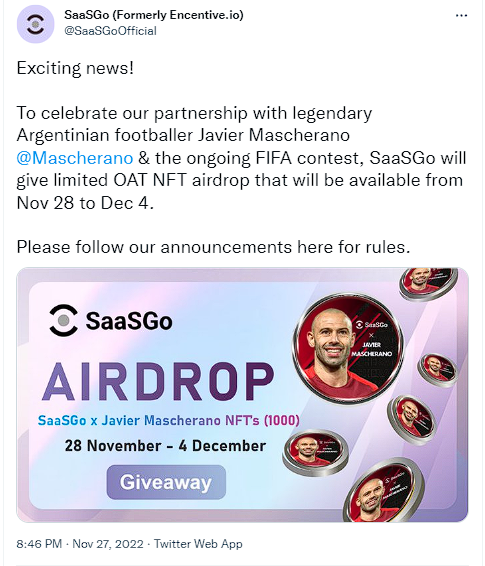 阿根廷球星马斯切拉诺使用SaaSGo创建独家NFT Marketplace，并推出世界杯限量NFT